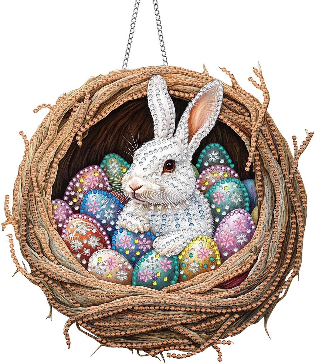 Hanging diamond art kits 20,3 x 20,3 cm - dubbelzijdig acryl board - paashaas ontwerp - fonkelende raamdecoratie - ShopVlot