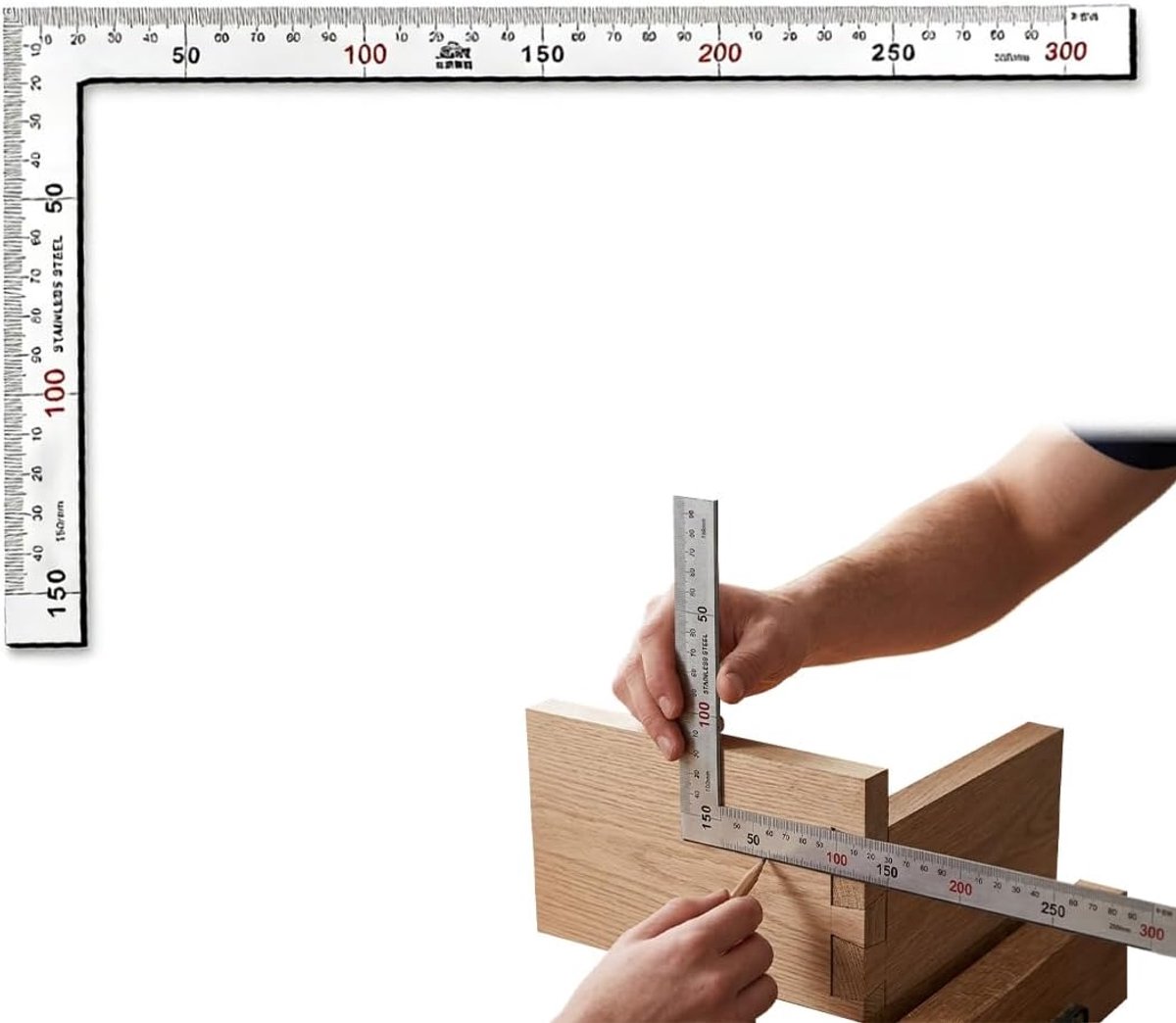 Metalen hoek 150 x 300 mm - roestvrij staal - elegante zilveren afwerking - precisie voor timmerman - ShopVlot