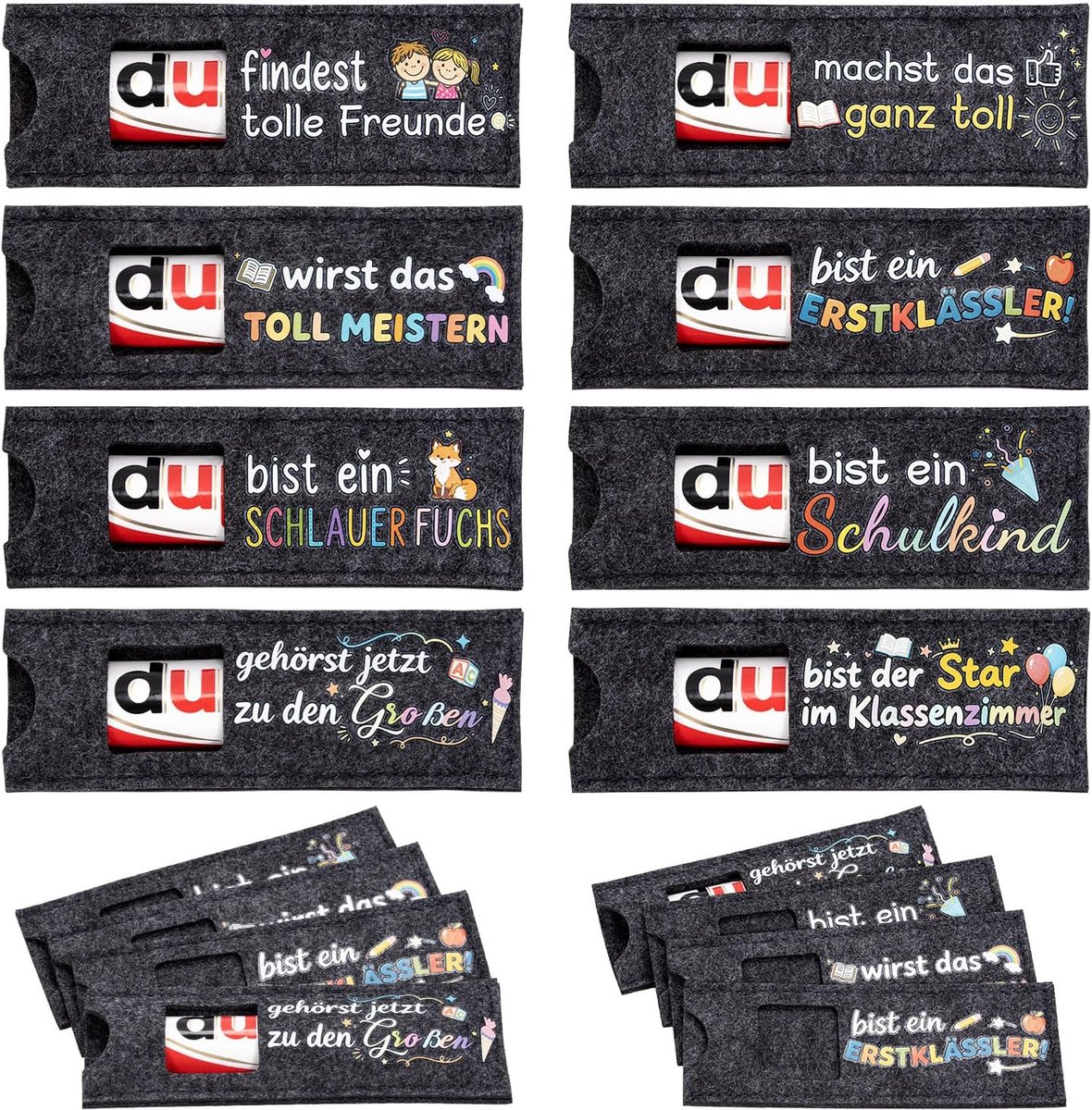 Cadeau terug naar school 2026 - set van 16 vilten zakjes 14 x 5 cm - 8 schattige motieven - ShopVlot