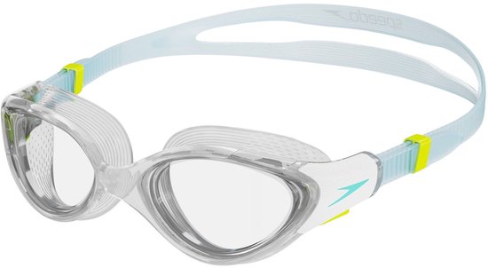 Transparante Speedo zwembril met witte en gele accenten en blauwe band.