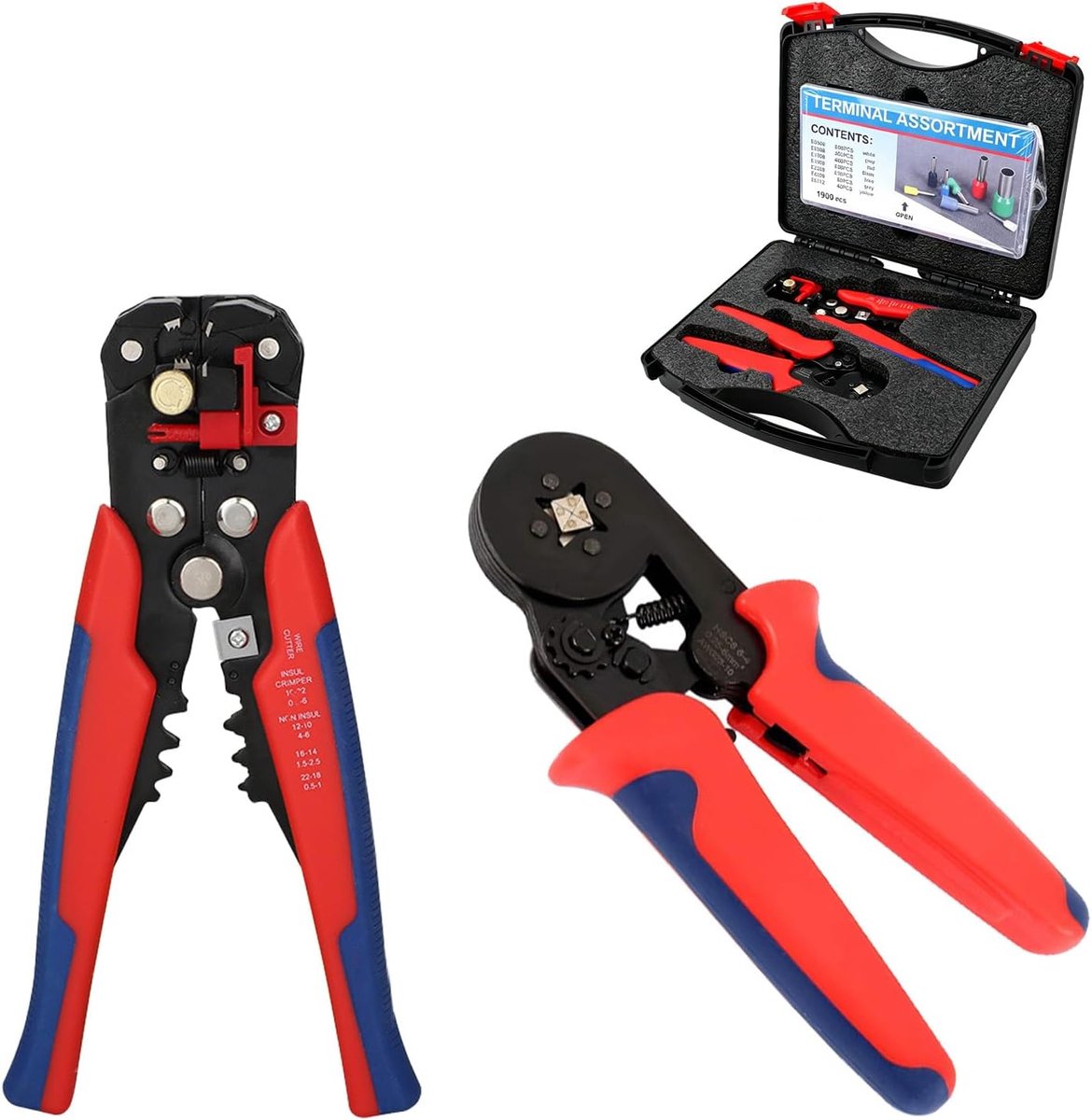 Krimptang adereindhulzen set 0,25-10 mm² - 1900-delige assortimentsbox - geïsoleerde en niet-geïsoleerde connectoren - ShopVlot