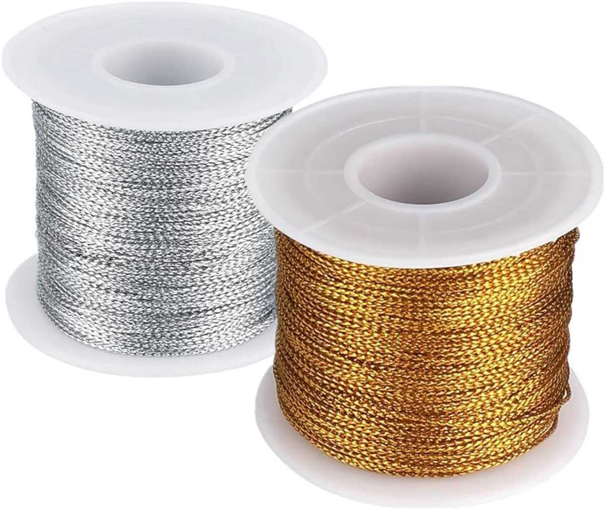 Draadkoord 2 Rollen Goud Zilver Metallic Touw 0.4mm x 50m - Polyester Kraaltjeskoord - Perfect voor Kerstdecoratie - ShopVlot