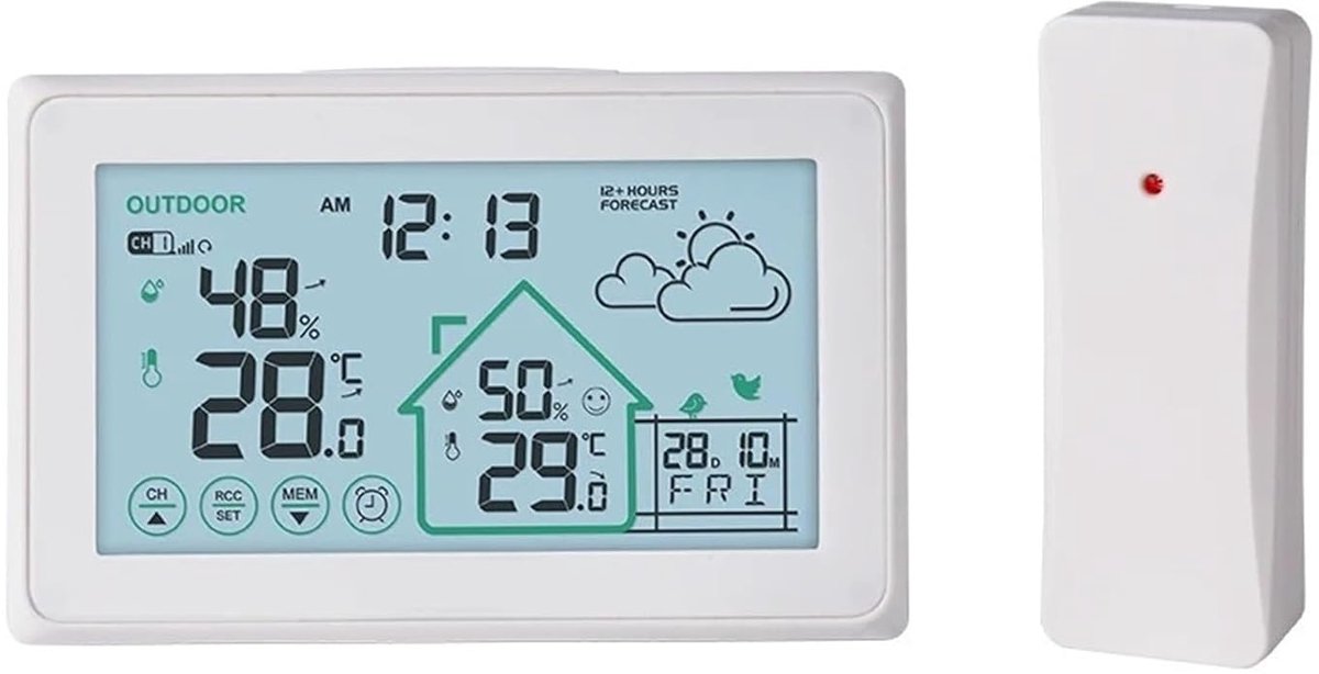 Draadloos weerstation - Digitale klok - Weersvoorspelling thuis - Touchscreen display - 13.5 cm breed - Wit