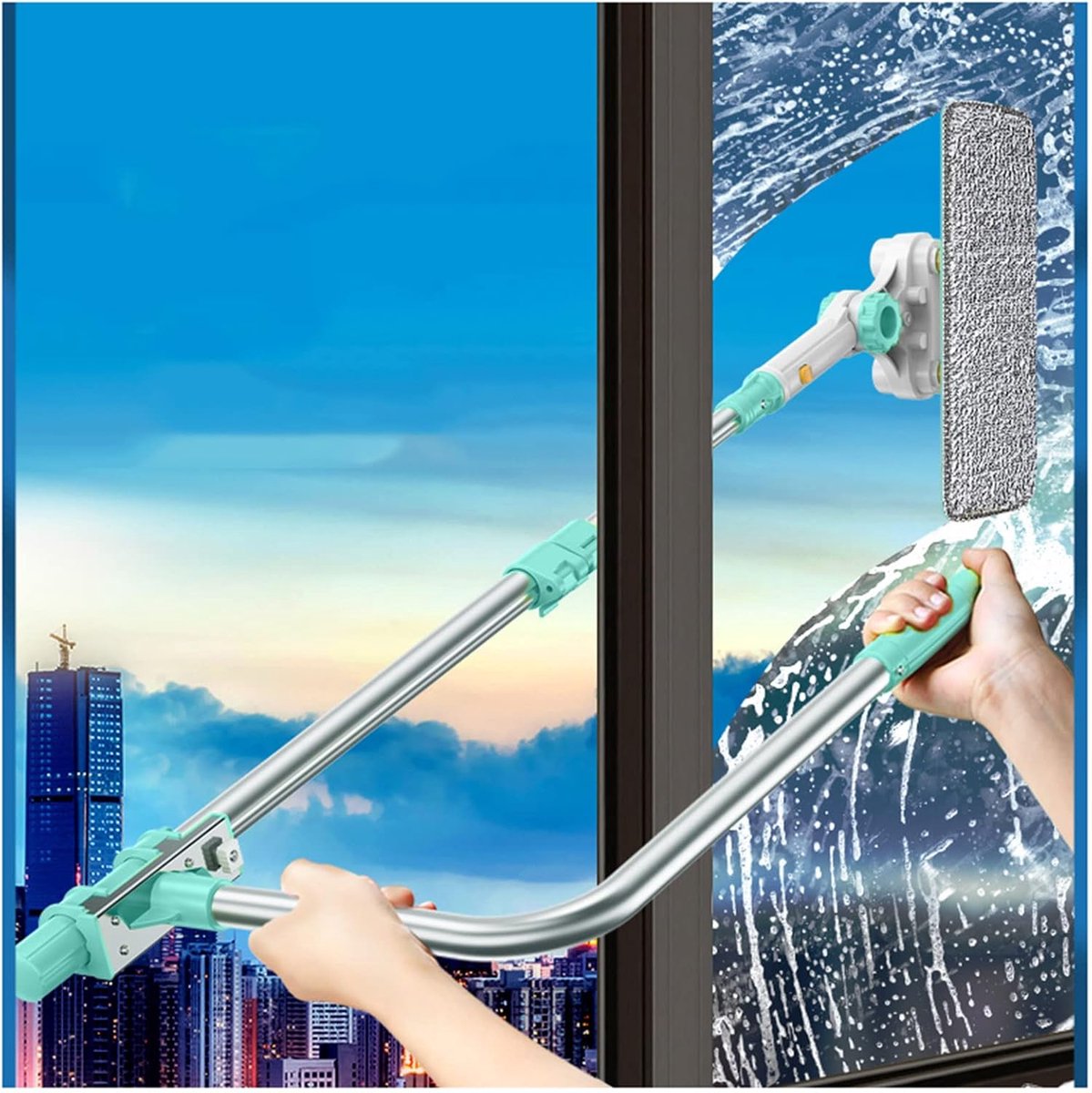 Ruitenwasser Set - Schoonmaakgereedschap - Hoge ramen reinigen - 180° Roterende Kop - Tot 150 cm - Blauw