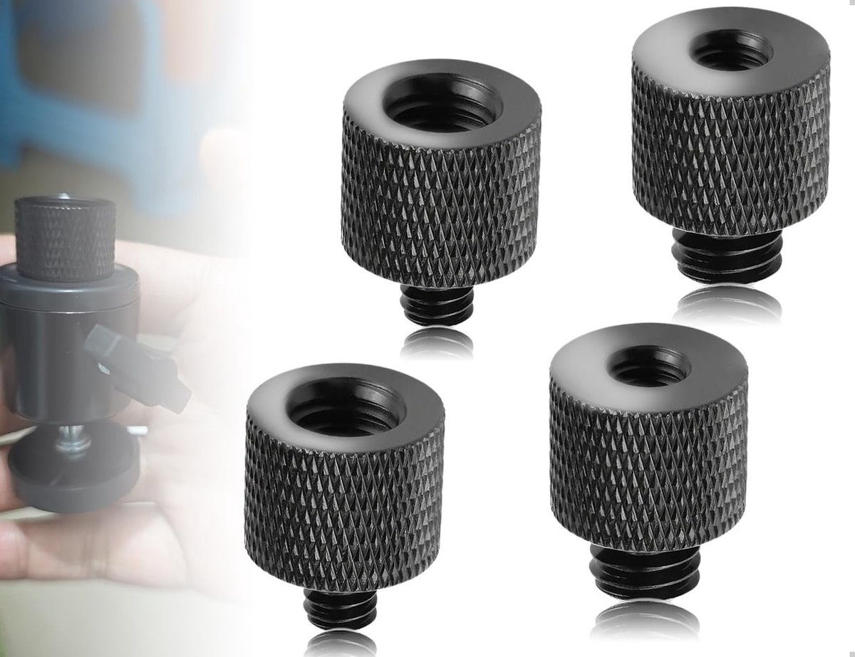 Set van 4 schroefdraadadapters 3/8 naar 1/4 en 1/4 naar 3/8 voor camera's, microfoons en statieven, geschikt voor luidsprekers en monopods (zwart)