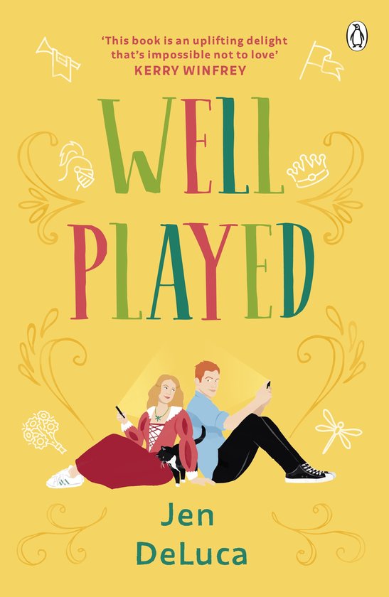 Boek "Well Played" door Jen DeLuca, met een illustratie van een man en vrouw met telefoons en een kat, en de tekst 'This book is an uplifting delight that's impossible not to love' KERRY WINFREY.