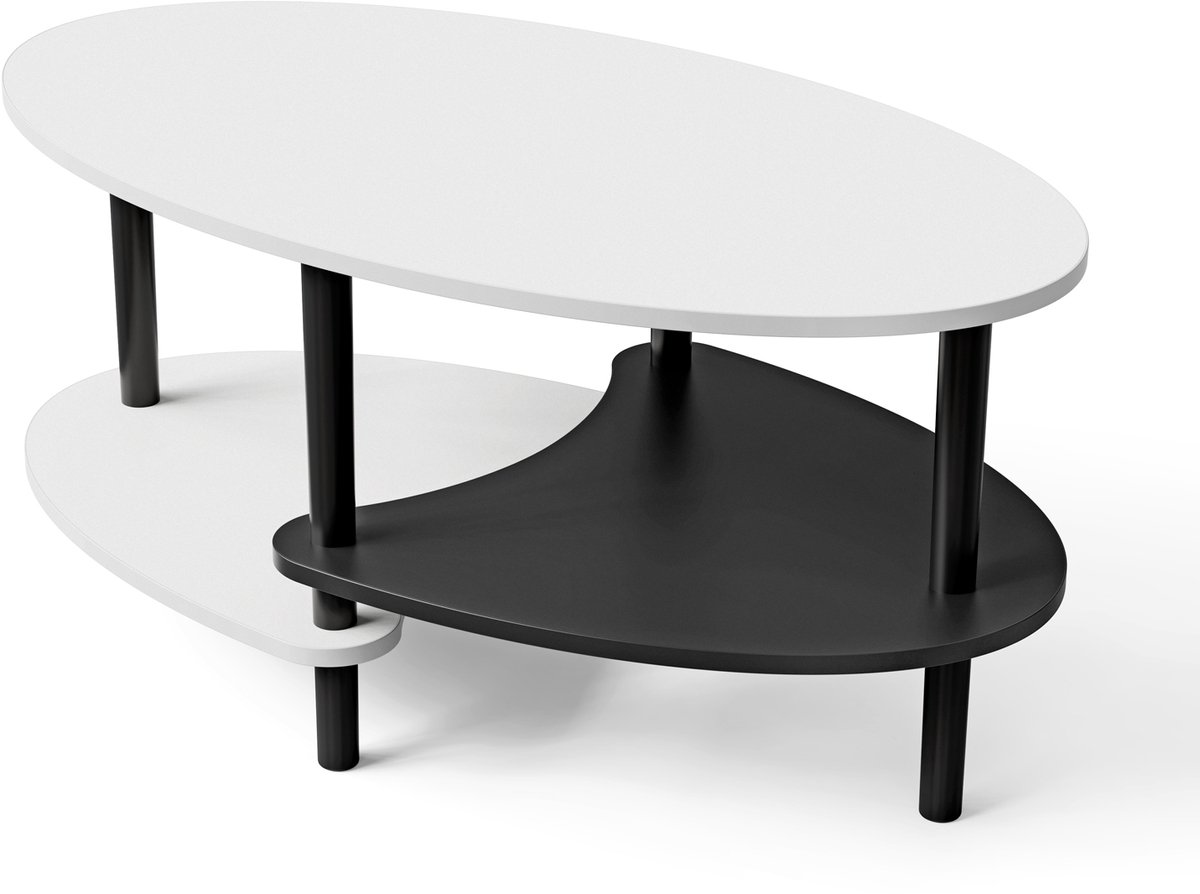 PIPIPOXER Houten Salontafel , Middentafel Ovale ,woonkamertafe, banktafel , Woonkamer Organisatie,Dubbellaags Ontwerp,Zwart-wit（90 x 50 cm）
