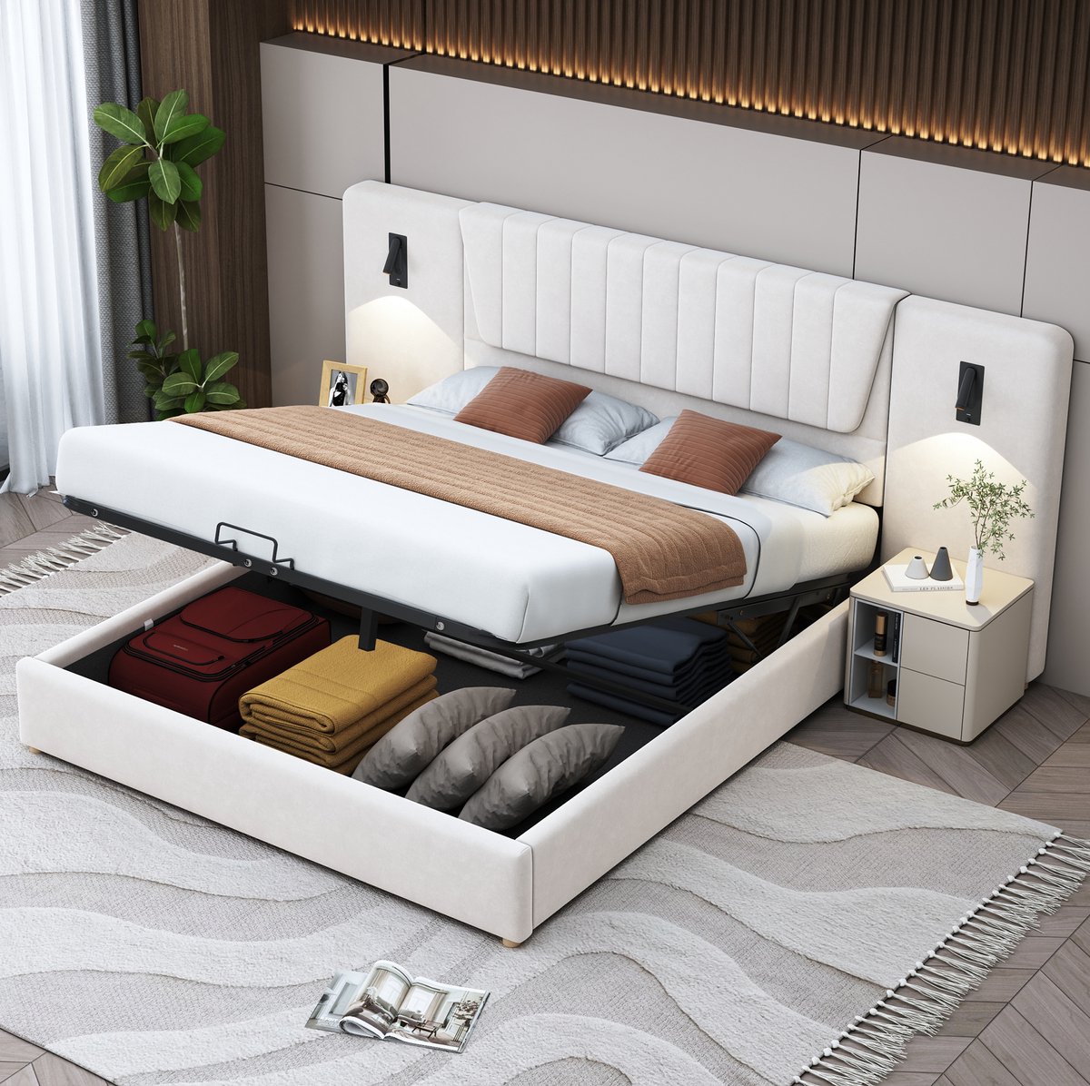 MEUNIQ gestoffeerd tweepersoons bed 180x200 cm met extra lange rugleuning, 2 verstelbare leeslampen met USB en hydraulische opbergruimte, beige