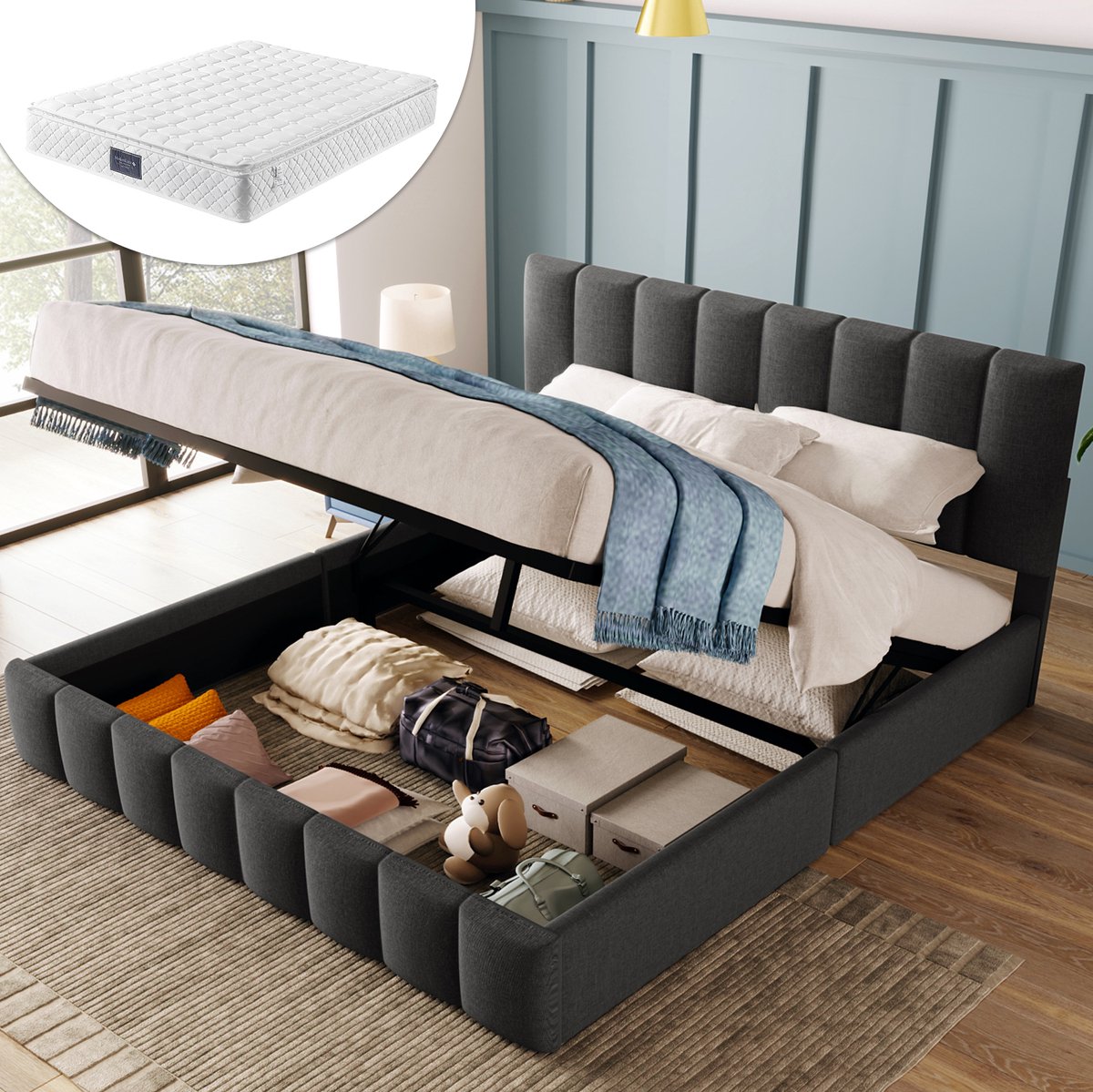 MEUNIQ gestoffeerd tweepersoons bed 140x200 cm met matras, verstelbaar hoofdeinde, lattenbodem, metalen frame en opbergruimte, grijs slaapkamer