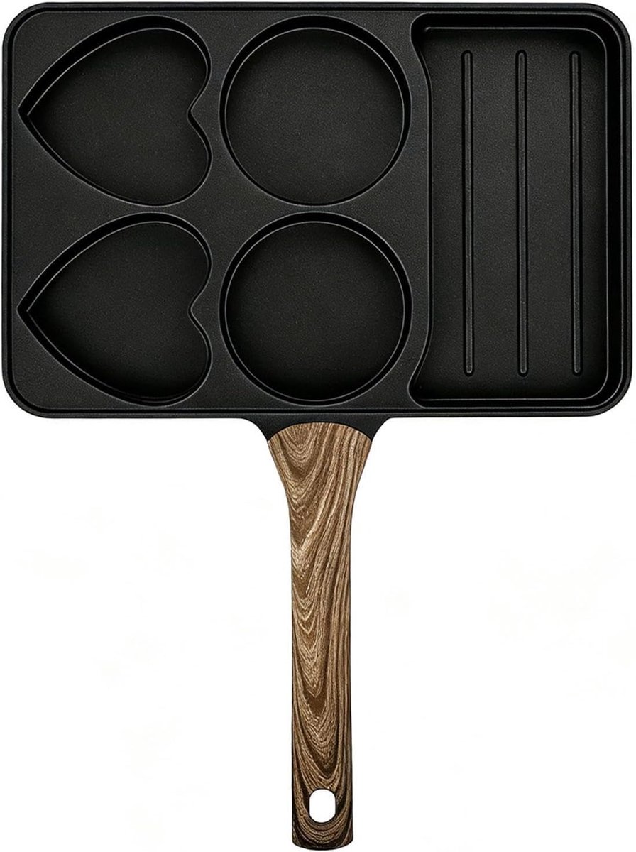 Eierpan - Ontbijtpan Koekenpan - Ontbijt Bereiden - Verwijderbaar Houten Handvat - 35.5 x 27.5 cm - Zwart