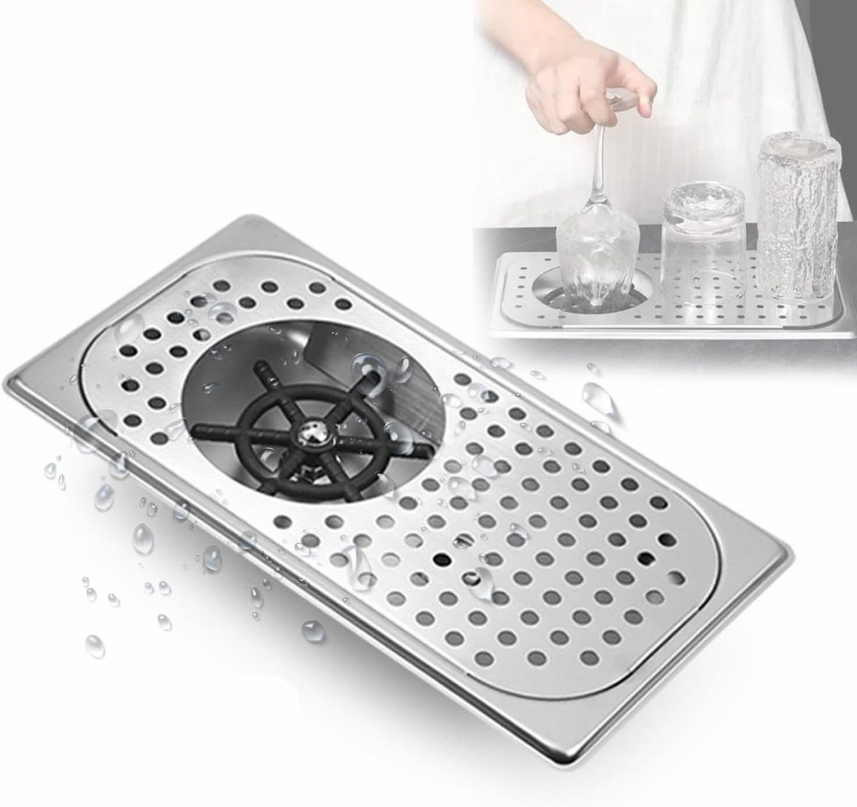 Automatische Glasreiniger - Spoelbak Accessoire - Snel Glazen Wassen - Krachtige Waterjets - 325x177mm - Zilver