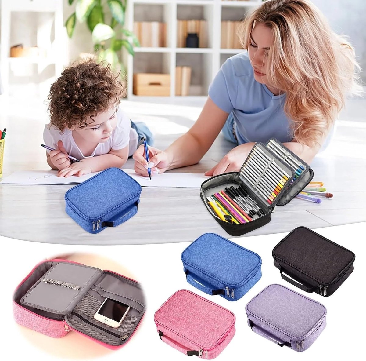 Grote Pennen Etui - Opbergtas Schrijfgerei - Hobby en Kantoor - Super Grote Capaciteit - 300 Vaks - Blauw