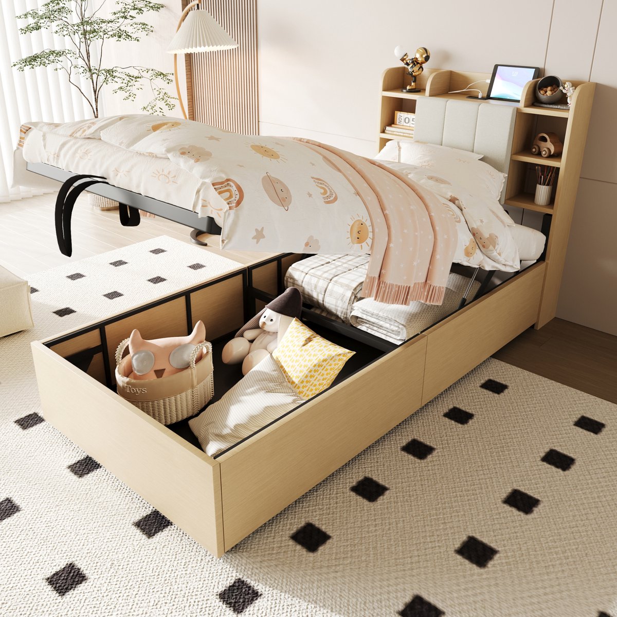 MEUNIQ eenpersoons bed 90 x 200 cm met hydraulische opbergruimte, hoofdbord met vakken en verborgen bergruimte, USB en Type-C aansluiting, naturel Natuurlijke houtkleur