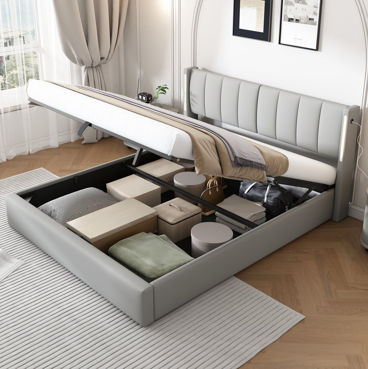 MEUNIQ gestoffeerd tweepersoons bed 180 x 200 cm met opbergruimte, verstelbaar hoofdeinde, USB-aansluiting, LED-verlichting en lattenbodem, grijs