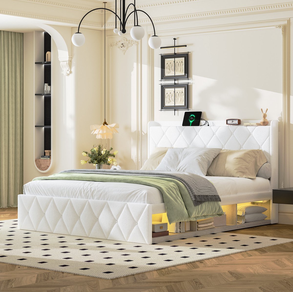 MEUNIQ tweepersoons bedframe 160 x 200 cm met gestoffeerd hoofdbord, USB-oplaadfunctie, LED-verlichting en opbergruimte onder het bed voor de slaapkamer, wit