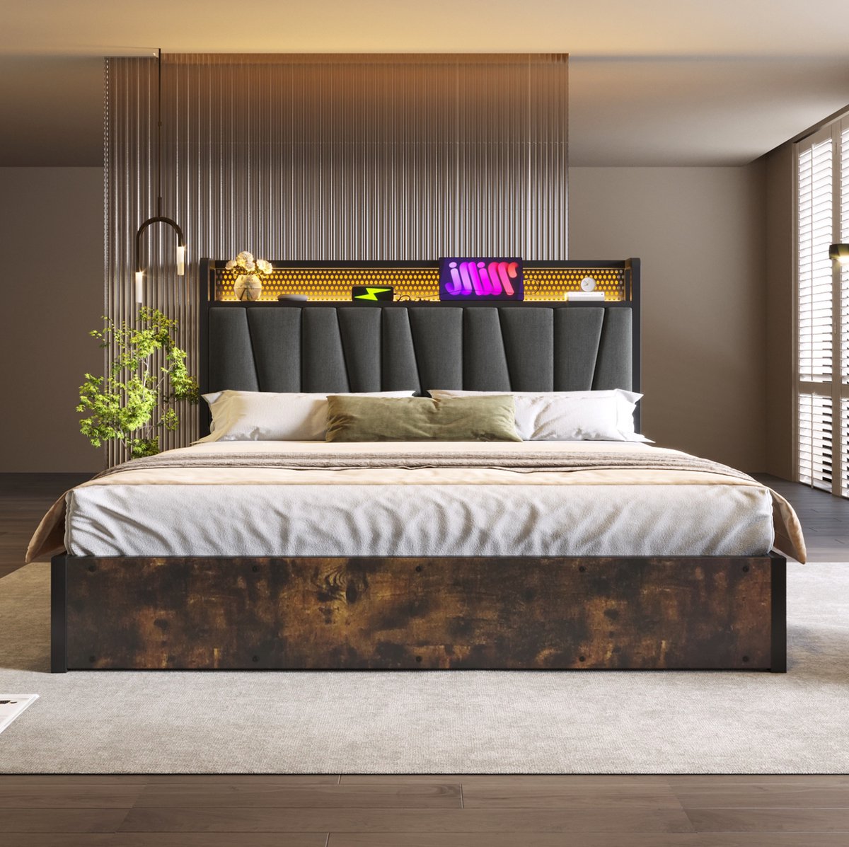 MEUNIQ tweepersoons bedframe 180x200 cm met LED-hoofdbord, app-bediening, USB en stopcontacten, opbergruimte onder bed, lattenbodem van hout, grijs