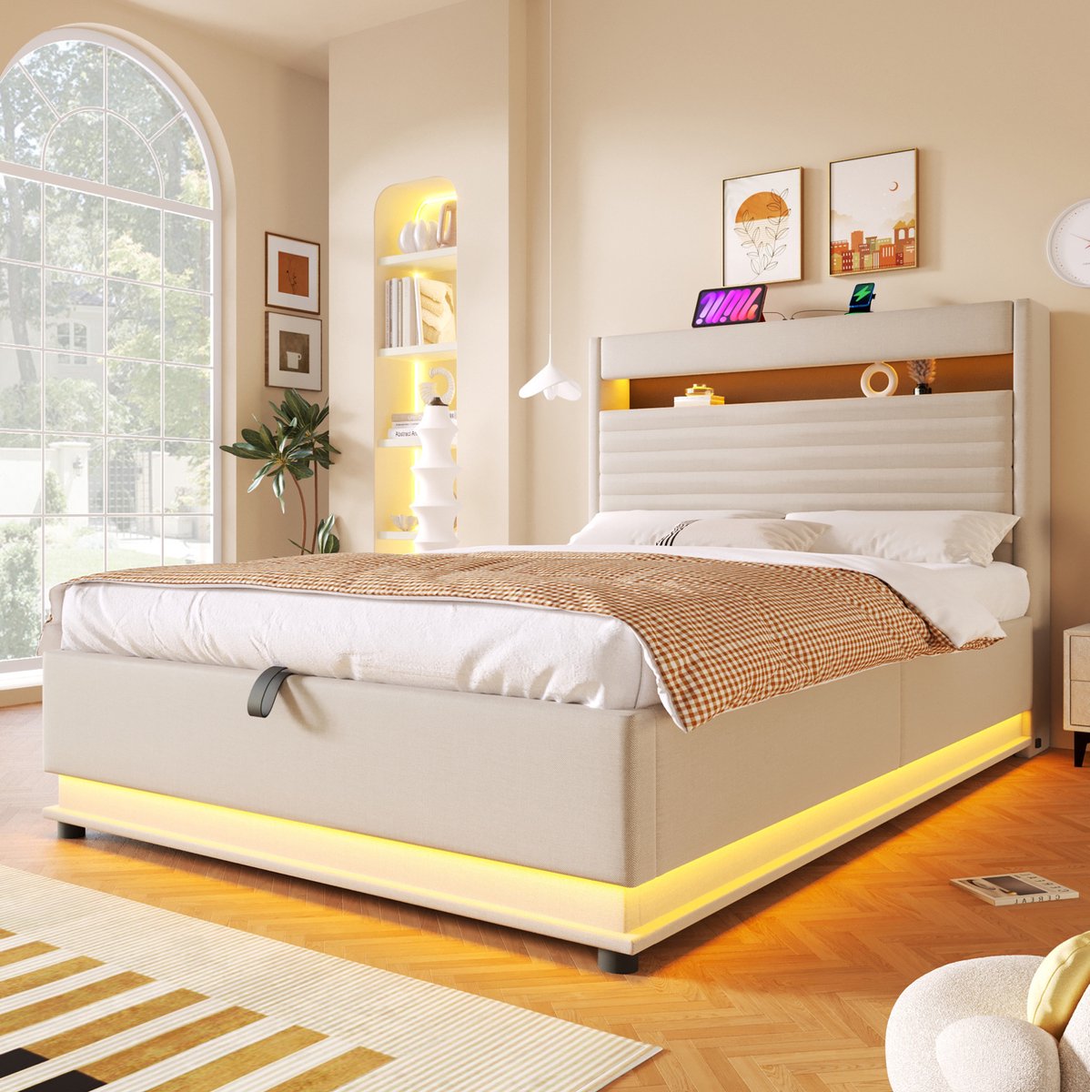 MEUNIQ gestoffeerd bed 140x200 cm met hydraulische opbergruimte, LED-verlichting, USB en Type-C, gevoerd hoofdbord, tweepersoons bedframe voor slaapkamer, beige