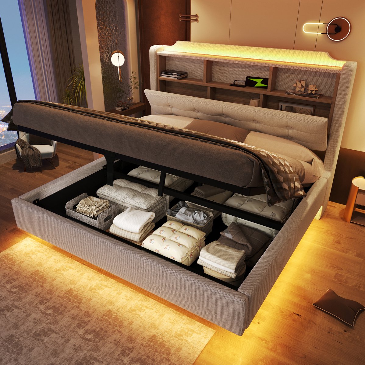 MEUNIQ gestoffeerd bed 140 x 200 cm met hydraulische opbergruimte, LED-verlichting, USB en Type-C, opklapbare opbergvakken in hoofdbord, beige
