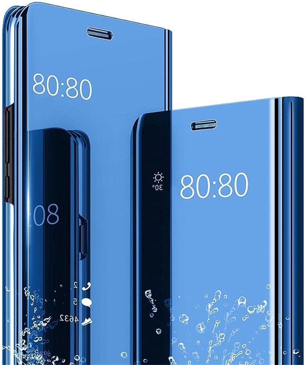 Smart Windows Case voor Xiaomi 14T Pro - Luxe Plating, Duidelijk Venster, Flip Design, Schokbestendig en Dunne Book Style Hoes in Spiegel Blauw