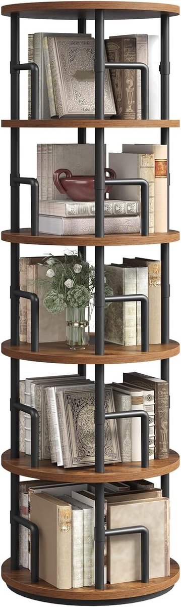 Draaibare Boekenkast - Houten Bruin & Zwart - 360° Draaiend - Vrijstaand - Voor Woonkamer, Slaapkamer & Thuiswerkplek
