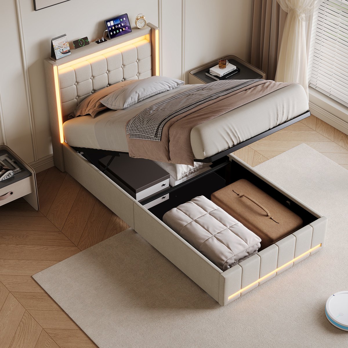 Eenpersoonsbed Opbergbed 90x200 cm met LED en USB, Hydraulisch Opbergruimte - Kinderbed Gestoffeerd Bedframe voor tieners en volwassenen, Beige Linnen (Zonder Matras)