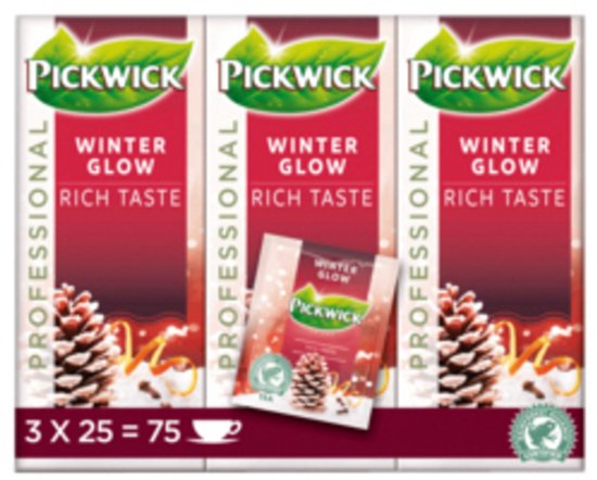 Pickwick Professional Winter Glow, 3 paquets de 25 sachets (75 au total). Illustrations de pommes de pin et d'écorces d'orange.