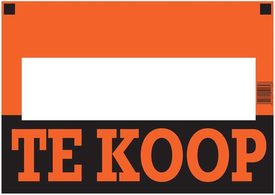 Oranje poster met de tekst 'TE KOOP' in zwarte letters.