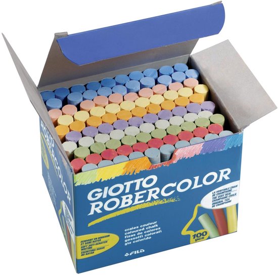 Doos met 100 Giotto Robercolor krijtjes in blauw, lichtblauw, geel, groen, rood en paars.