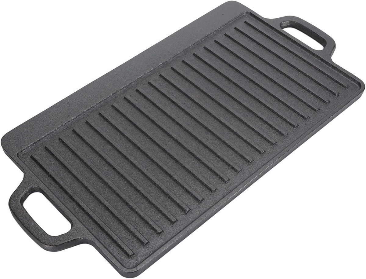 Gietijzeren Bakplaat Dubbelzijdig Grill Koken en Grillen Voorbehandeld Klaar 44 x 23 cm Zwart