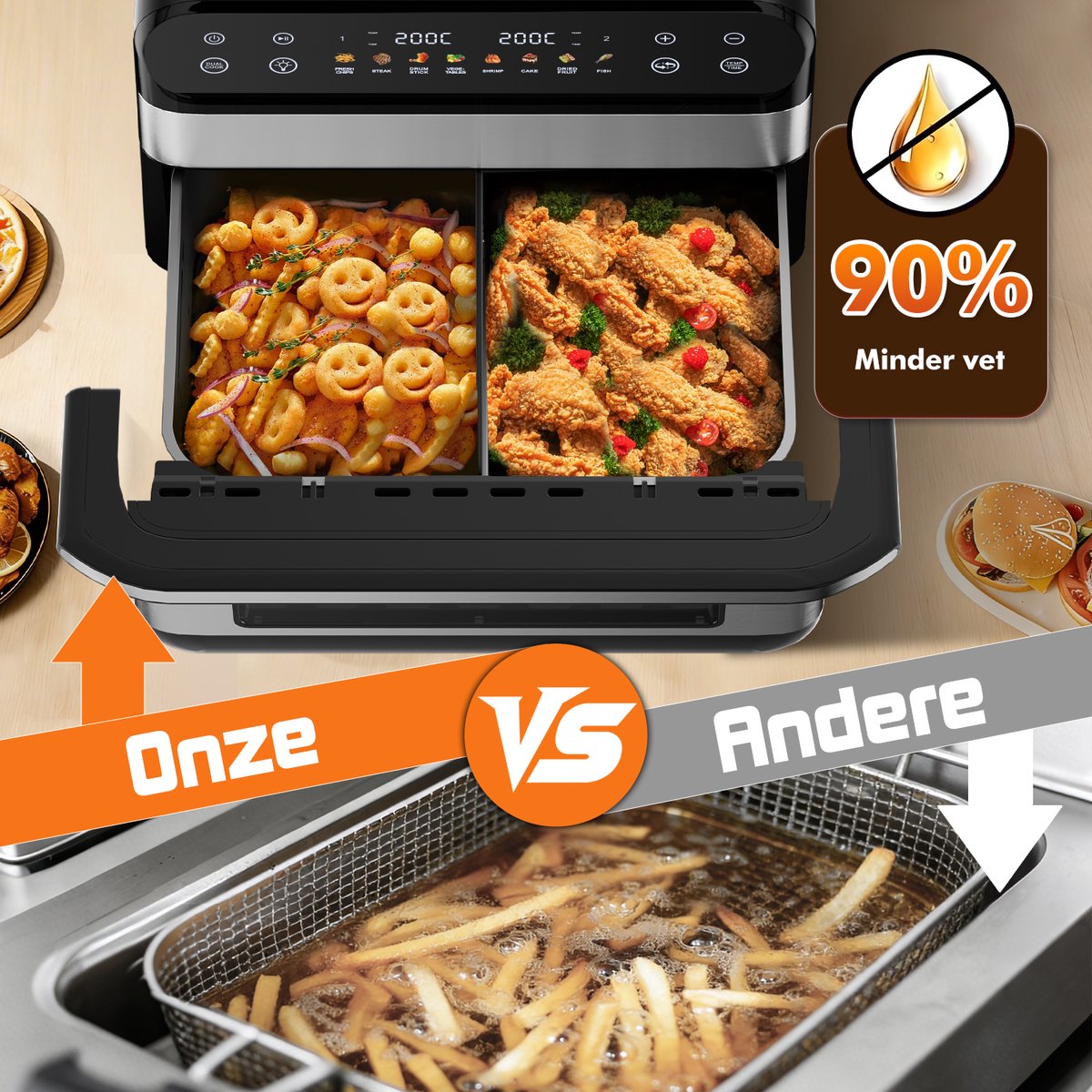 Fukstern Airfryer XXL 11L – Grote Airfryer met Flexibele Basket, Uitneembare Scheidingswand & Kijkvenster – Touchscreen – Onafhankelijke Temperatuurregeling – 2600W – 8 Programma's – PFAS-vrije Metalen Anti-aanbakmand – Zilver thumbnail 3