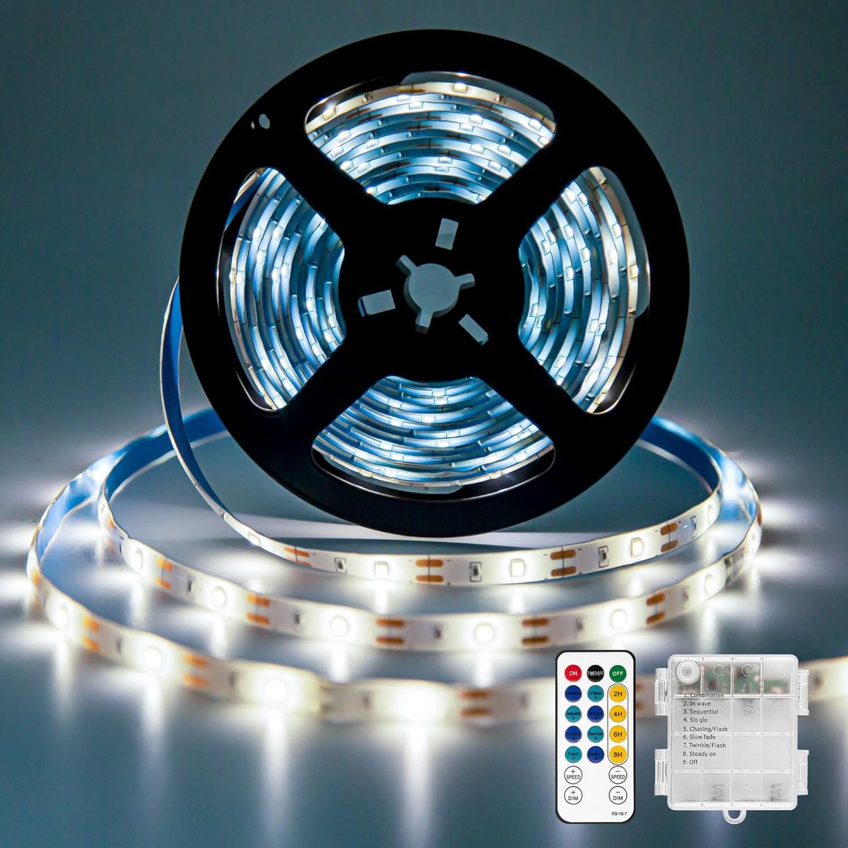 SnelShoppen - 5m LED Strip Licht met Batterij, 150 LED's, IR Afstandsbediening, 8 Verlichtingsmodi, Waterdicht Koel Wit voor Binnen en Buiten, Perfect