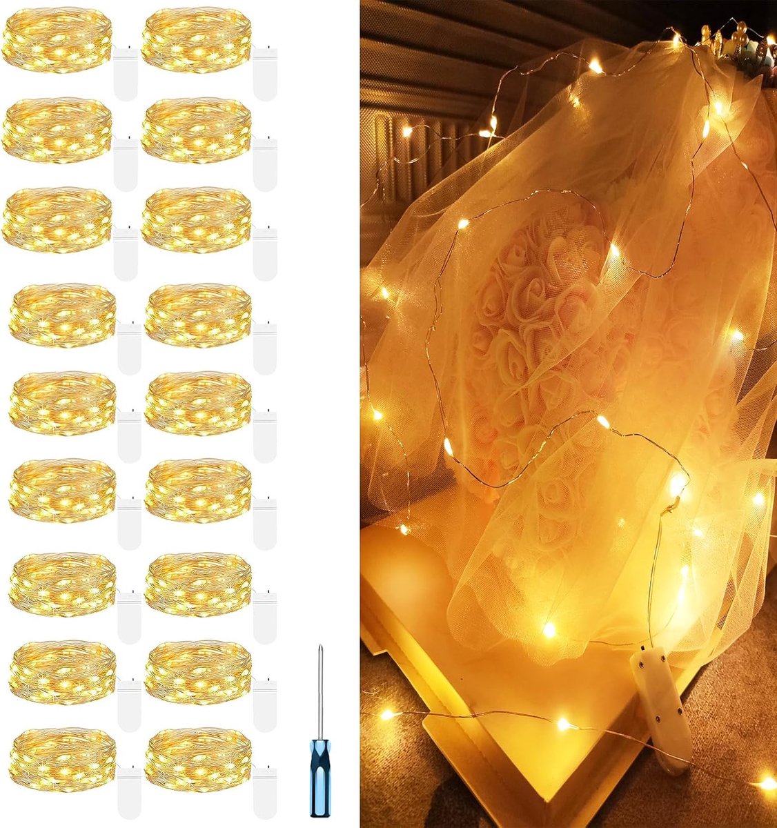 SnelShoppen - LED Lichtsnoer Set van 18 - 2m met 20 Micro-LEDs - Accu Aangedreven (inclusief CR2032) - Perfect voor Tuin, Balkon, Feest, Bruiloft & Ke