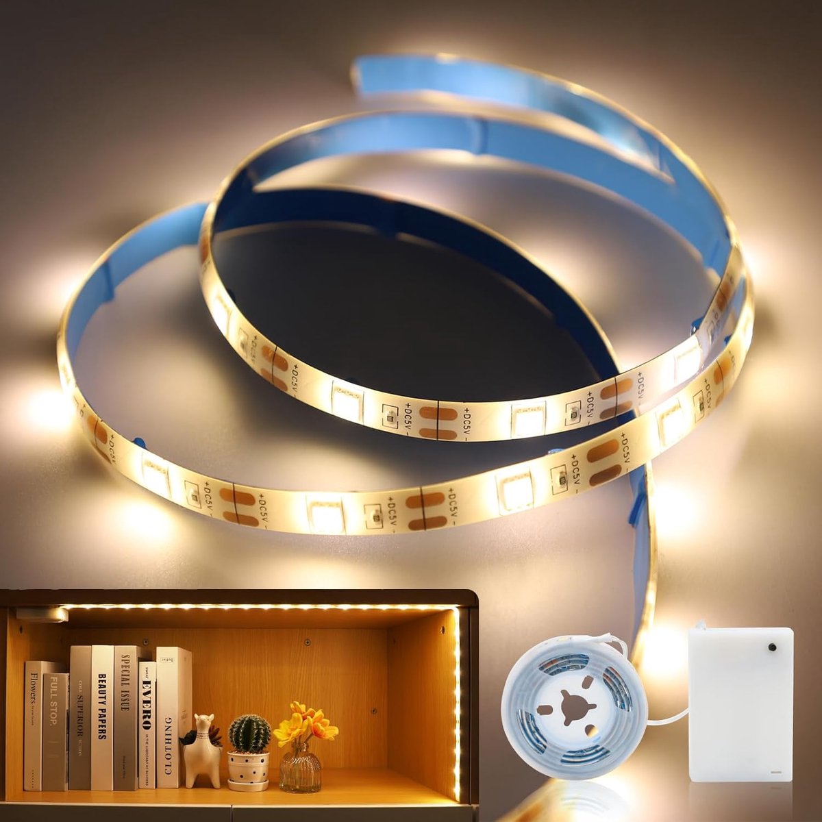 SnelShoppen - LED Strip Batterij Aangedreven 1m Warm Wit 30 LEDs voor Keuken, Kasten, Planken, Decoratie, Binnen en Buiten