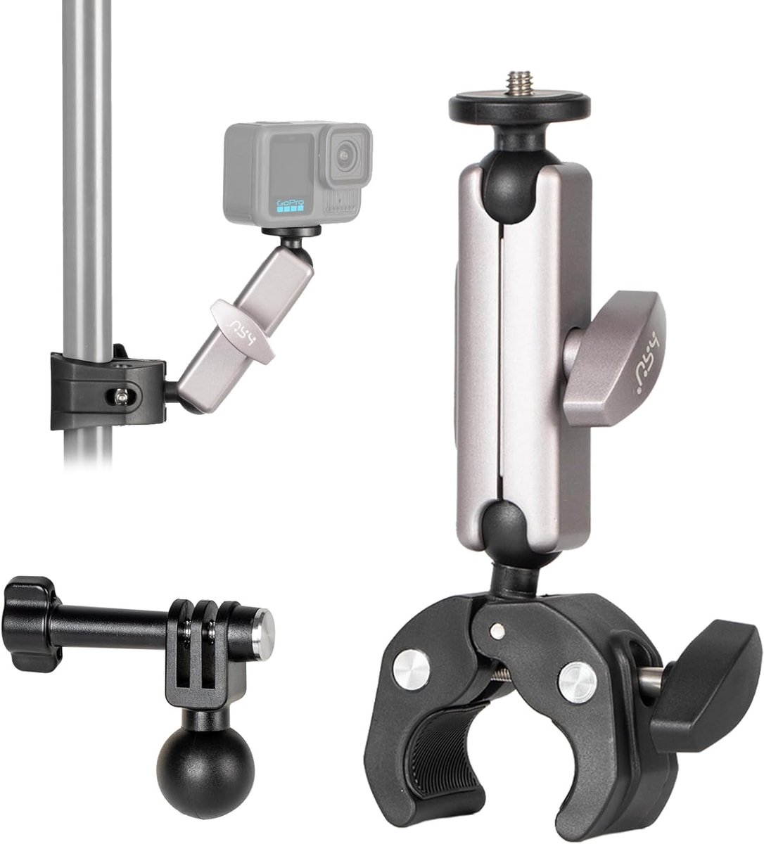 SnelShoppen - Handlebar Mount voor Actiecamera's - Dual 360° Rotating Ball Head - Fiets en Motor Accessoires - Aluminium - Compatibel met GoPro en Ins