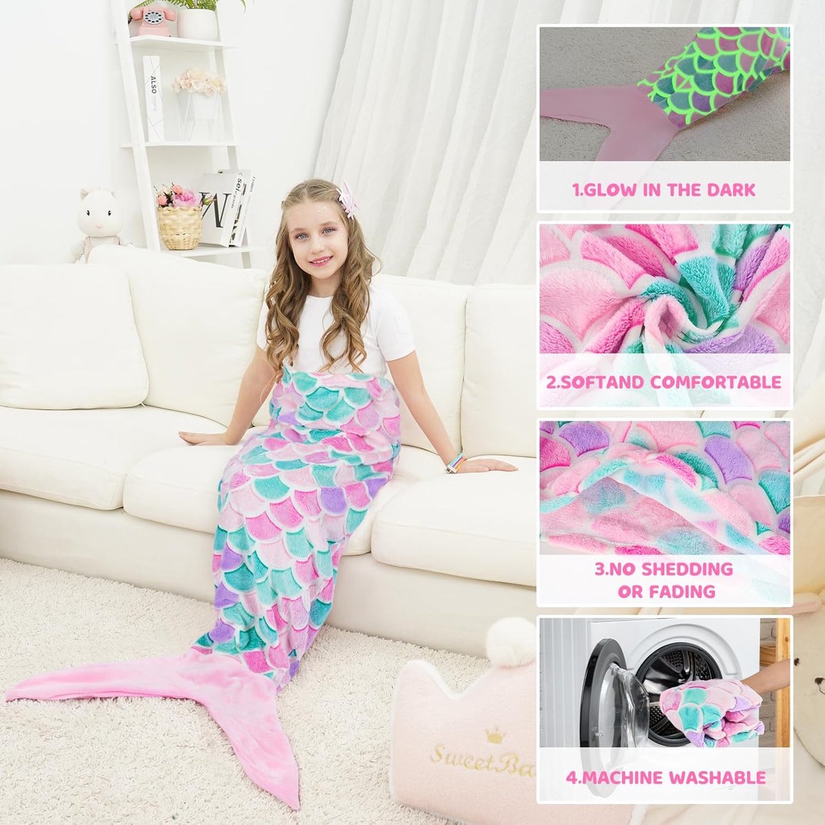 SnelShoppen - Luminous Mermaid Tail Blanket voor Kinderen - Zachte Flanellen Slaapzak - 110 x 40 cm - Perfect voor Feestjes, Verjaardagen en Kerst