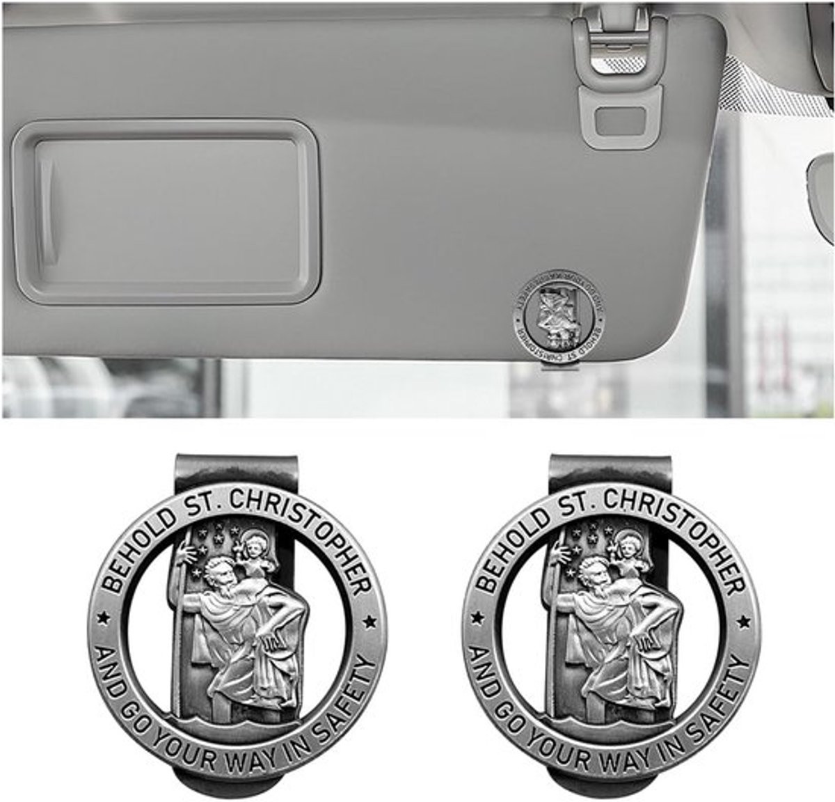 2 stuks St. Christopherus beschermengel zonneklep clip, auto Heilige Christoffel Vizier Clip, St. Christopherus badge auto zonneklep clip (zilver)