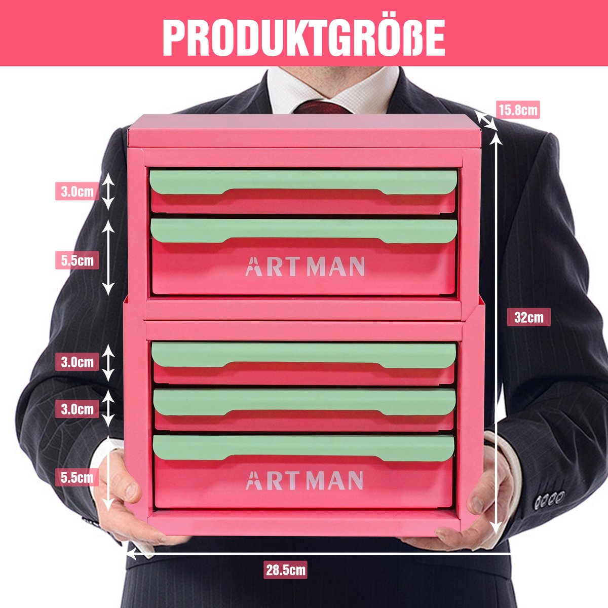 MODENUIT Metalen Opbergkast - 5 Lades - Stapelbaar Voor Bureau En Kaptafel - Staal - Groen En Roze - 28,5x15,8x32 Cm