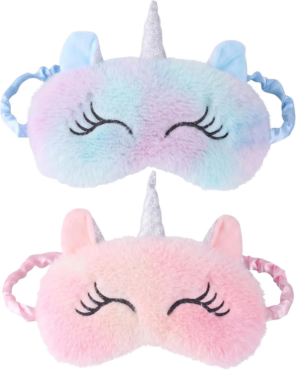 Thijox - Eenhoorn-nachtmasker 2 stuks (blauw + roze), pluche, zacht en verduisterend oogmasker voor kinderen en volwassenen, comfortabel voor slapen,