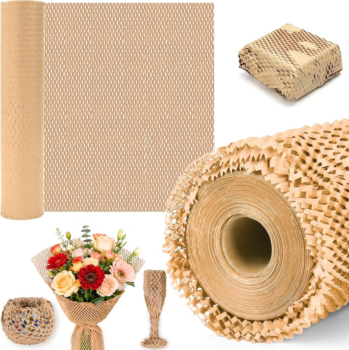 SnelShoppen - Honingraatpapier Verpakkingsmateriaal 39 cm x 20 m - Bruin Milieuvriendelijk Verpakkingspapier voor Bescherming Breekbare Voorwerpen, Fl