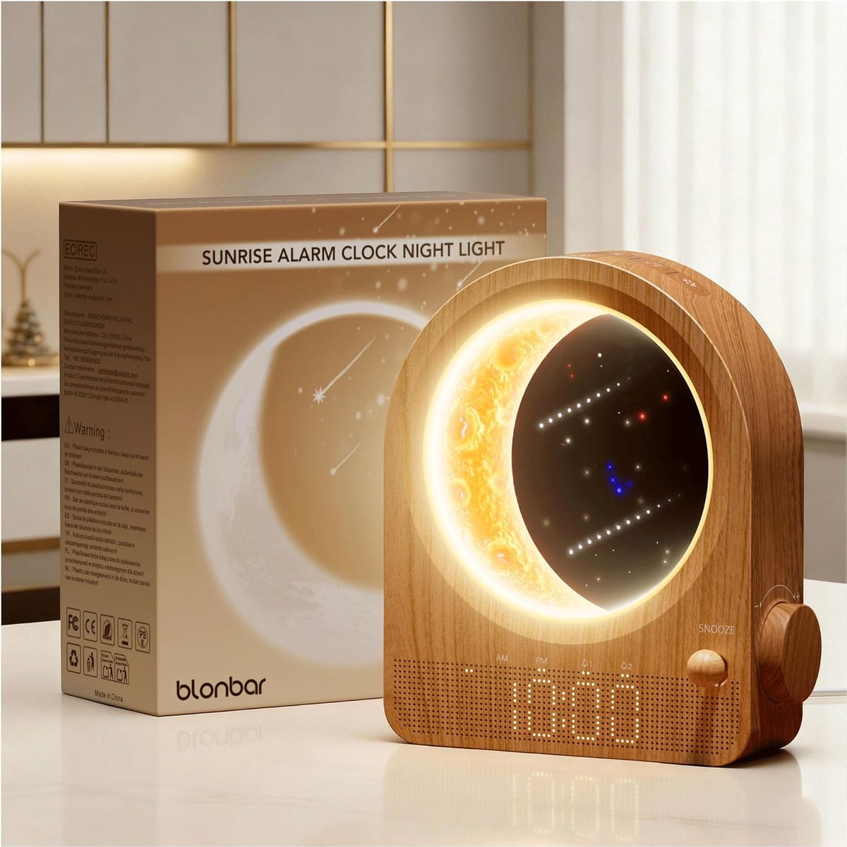 SnelShoppen - Wekker en Maanlamp 2-in-1, Bedlampje met Daglichtwekker, Nachtlampje met 3 Helderheidsniveaus, 10 Natuurlijke Geluiden, Ideaal voor Slaa
