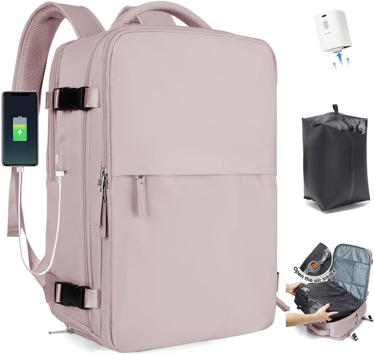 SnelShoppen - SZLX Vacuum Rugzak met Pomp - Waterdichte Airbag Rugzak met Vacuüm Systeem voor Reizen, Cabin Grootte 40x30x20, Ideaal voor Ryanair Hand