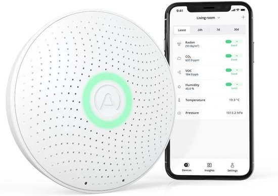 Thijox - Airthings 2930 Wave Plus Radon- en Luchtkwaliteitsmonitor - CO2-, VOC-, Luchtdruk-, Vochtigheid- en Temperatuurdetector - Draadloos en Batter