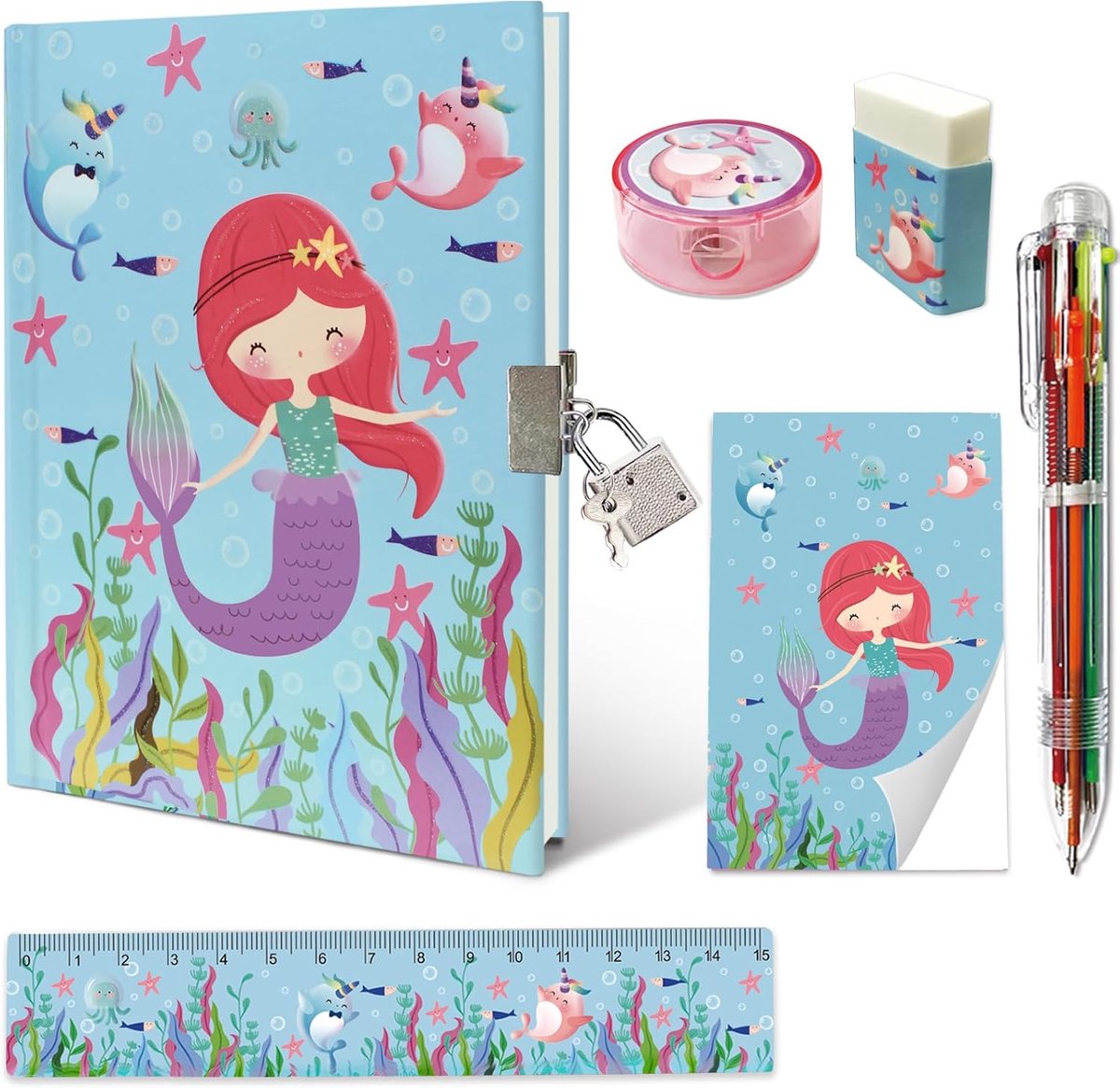 SnelShoppen - Schattige Dagboek met Slot voor Meisjes, Zeemeermin Dagboek Set Inclusief Notitieboek 17.7x13cm, Multicolor Pen, Liniaal, Slijper, Gum,