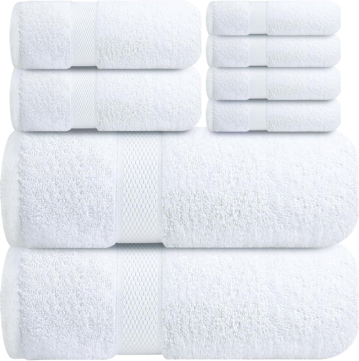 SnelShoppen - Towel Set 8-Piece, 100% Ring-Spun Cotton, Super Absorbent, 2 Badhanddoeken, 2 Handdoeken, 4 Washandjes, Brilliant White, Perfect voor Ba