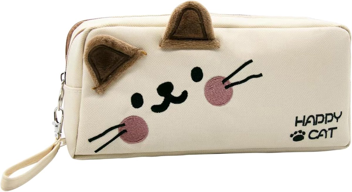 SnelShoppen - Schattige Katten Pennenhouder - Grote Capaciteit - 3 Compartimenten - Beige - Perfect voor School, Universiteit, Kantoor en Creatieve Ac