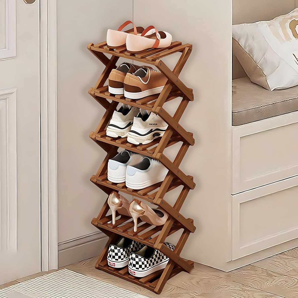 SnelShoppen - 6-Laags Vouwbare Schoenenrek van Bamboe - Klein Houten Schoenenrek voor Kleine Ruimtes - Ideaal voor Hal, Ingang, Hoek, Slaapkamer (Brui