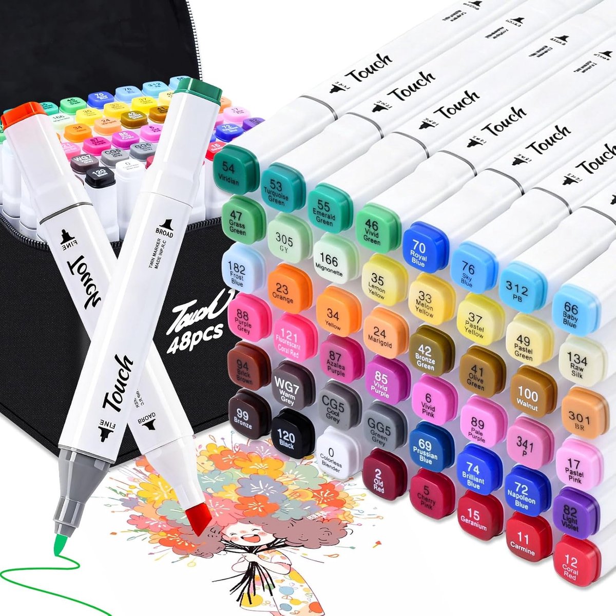 SnelShoppen - 48 Kleuren Alcohol Marker Pens Set met Dubbele Punt (Fijn en Chisel) in Witte Koffer voor Volwassen Kunstenaars, Tekenen, Illustratie, S