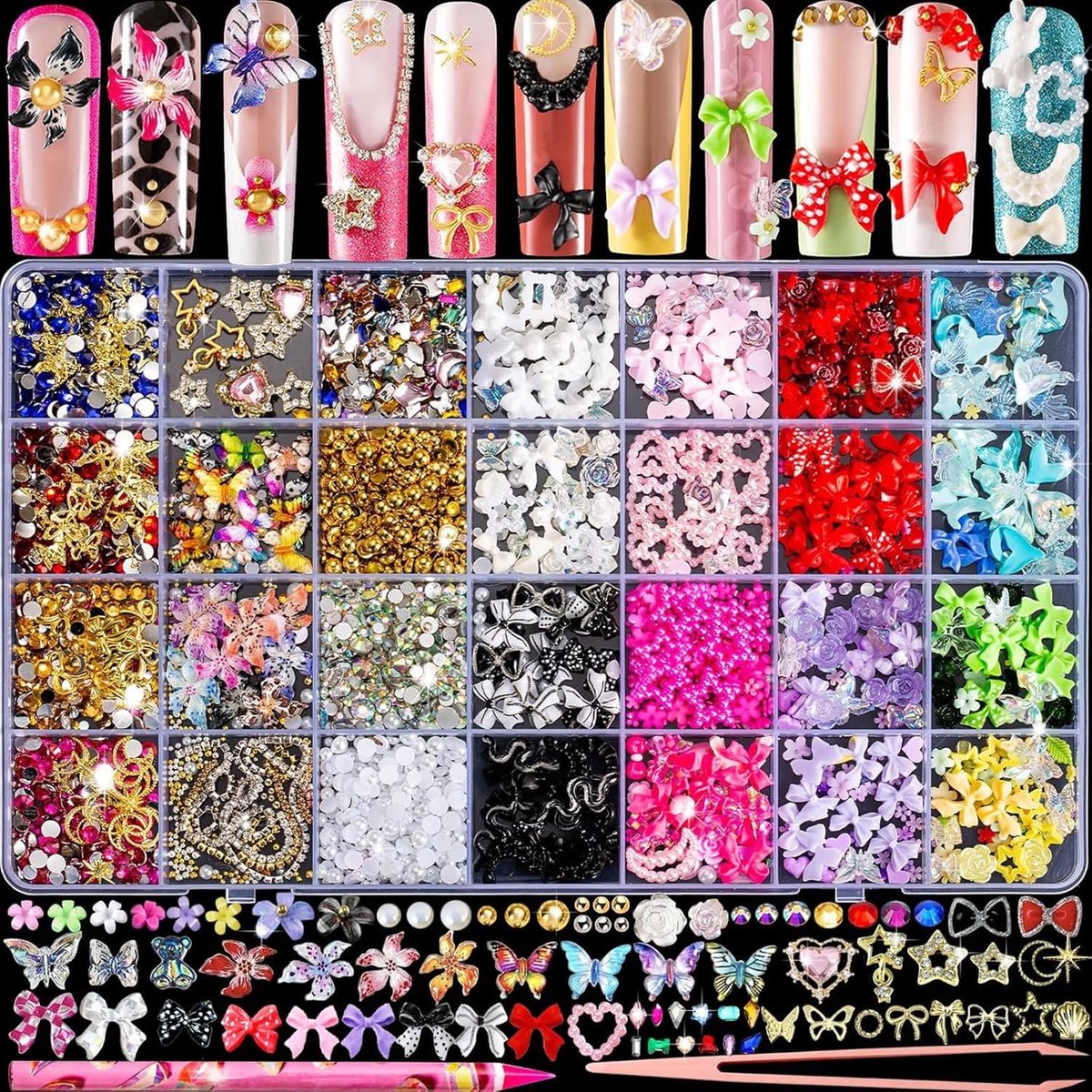 SnelShoppen - 3D Nail Charms en Nail Gemstones Set - Y2K Nail Decoratie met Vlinders, Strikken, Maan, Sterren en Bloemen - Gold Pearl en Rhinestones v