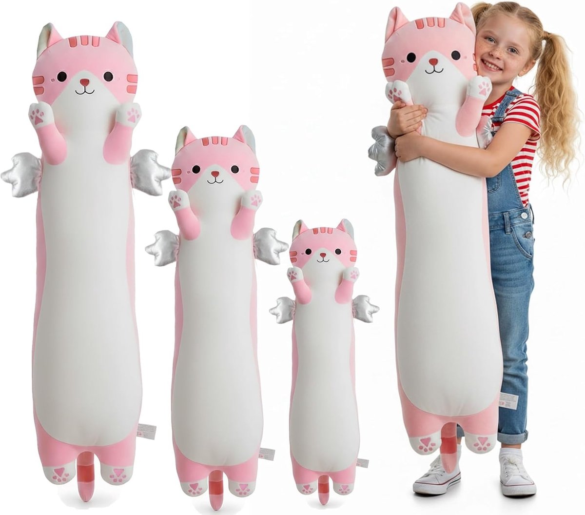 SnelShoppen - Long Cuddle Pillow Kat, Schattig Knuffel Kussen met Vleugels, Zacht Kawaii Kat Kussen voor Kinderen, Perfect voor Knuffelen, Reis, 60cm,