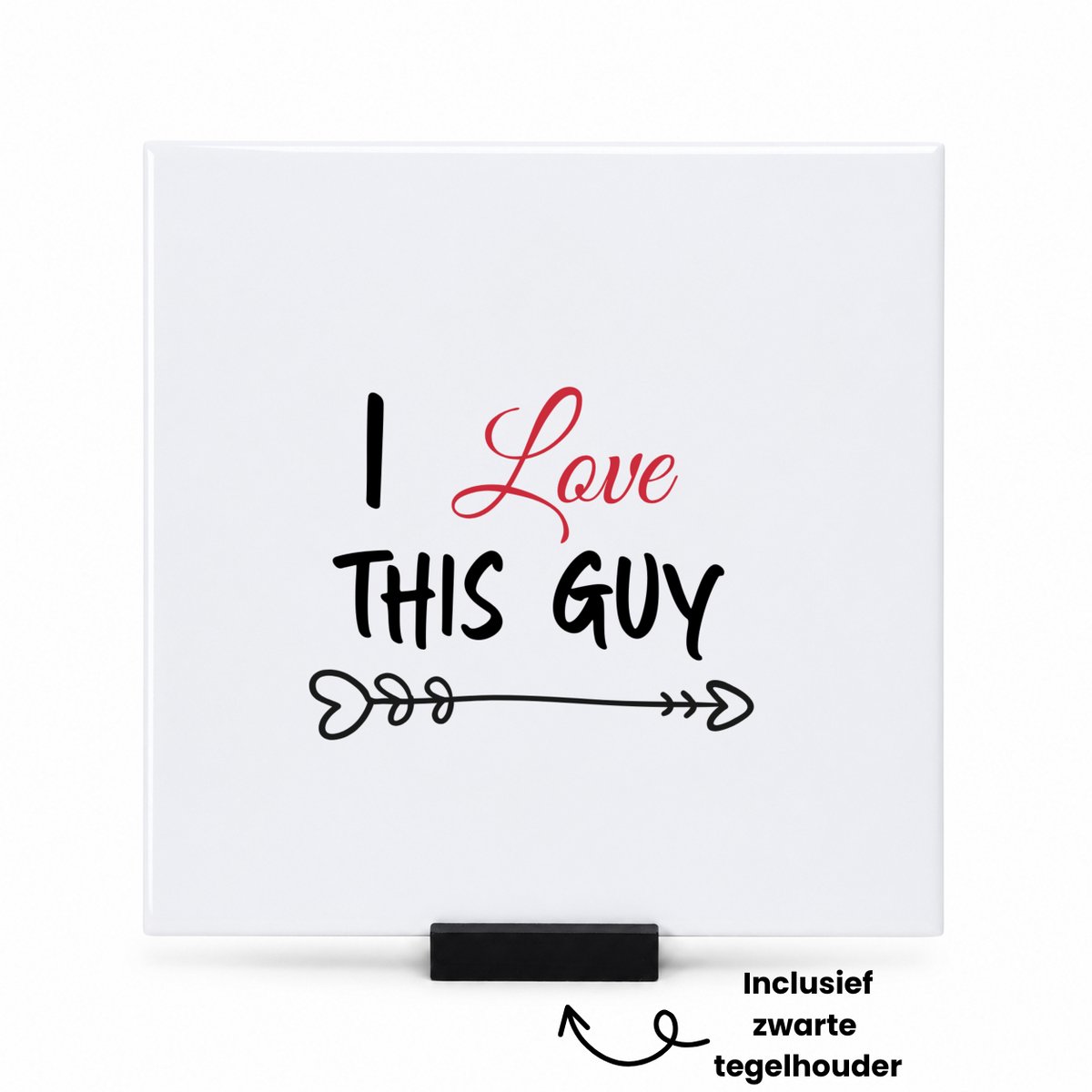 Hacebo I love this guy tegeltje met tegelhouder - iemand die liefde wilt geven aan een ander - tegeltjes met tekst - valentijnsdag - cadeau voor vriend(je) - verjaardagscadeau - kado - geschenk - gift - verrassing - spreuktegels - 15x15 CM Wit
